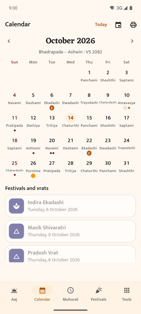 Month calendar with tithis